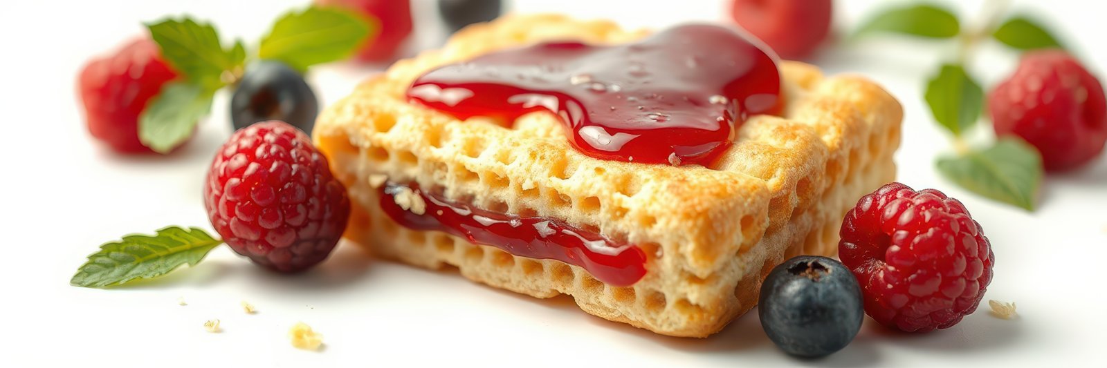 Delicious waffle cookie topped with raspberry and blueberry jam and fresh berries on a white background